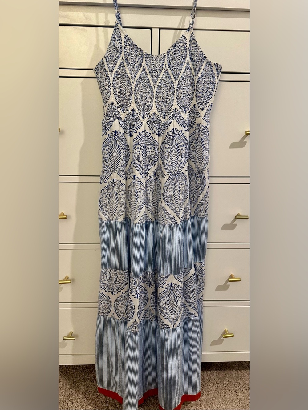 THML Blue and White Printed Tiered Maxi Dress Sz XS EUC